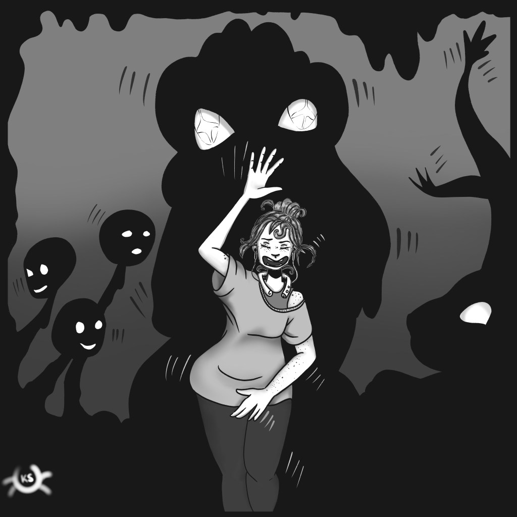 Four goblins surround a woman, their long, blocked arms raised in greeting. The woman raises her hand in greeting, while o...