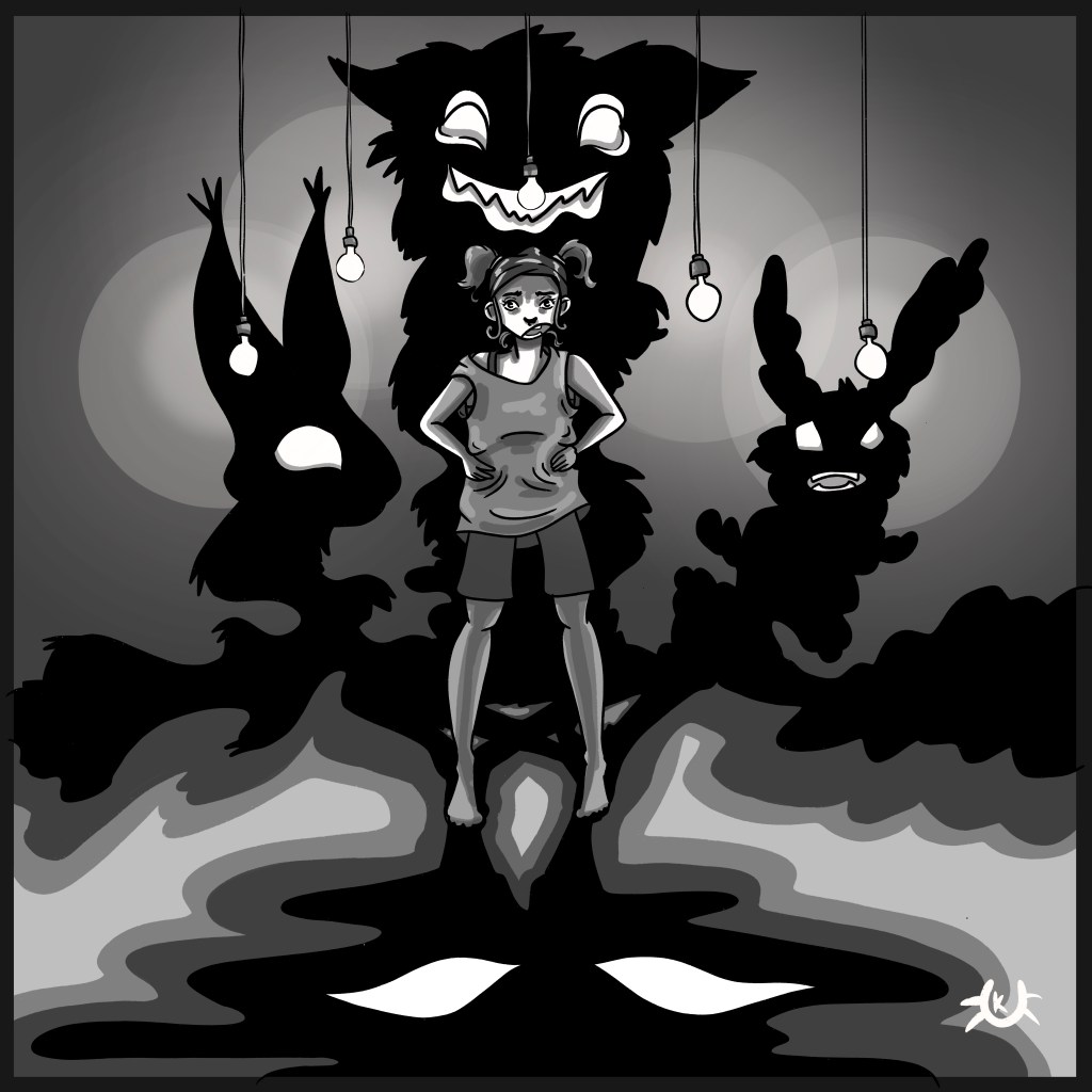 A girl stands staring at a swampy area, surrounded by mysterious shadows with only their silhouettes visible, each of whic...