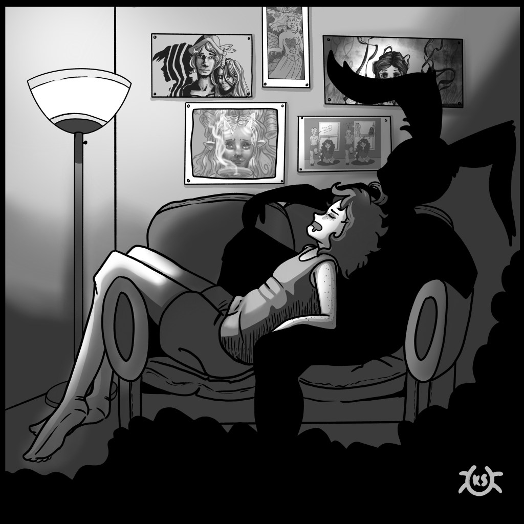 This B&W comic-style illustration depicts a zombie kissing a himbo during the day. The zombie is shrouded in shadows, echo...