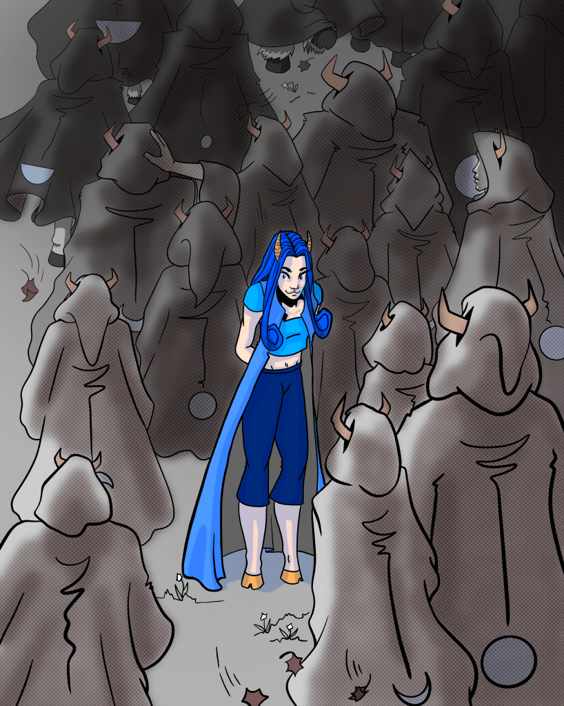 A cartoon or comic book style graphic of a woman with blue hair. Already in the Alt Text. A dark grey background with whit...