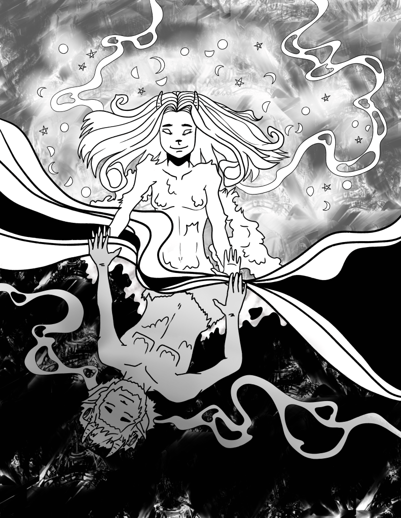 This image depicts a whimsically rendered illustration featuring twocharacters. The larger figure, sporting long hair with...