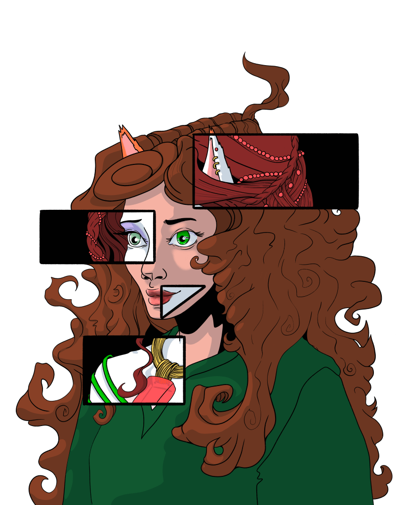 A cartoon image featuring a cat-like woman with ginger hair, green eyes and clothing including a red turban with beads. A ...