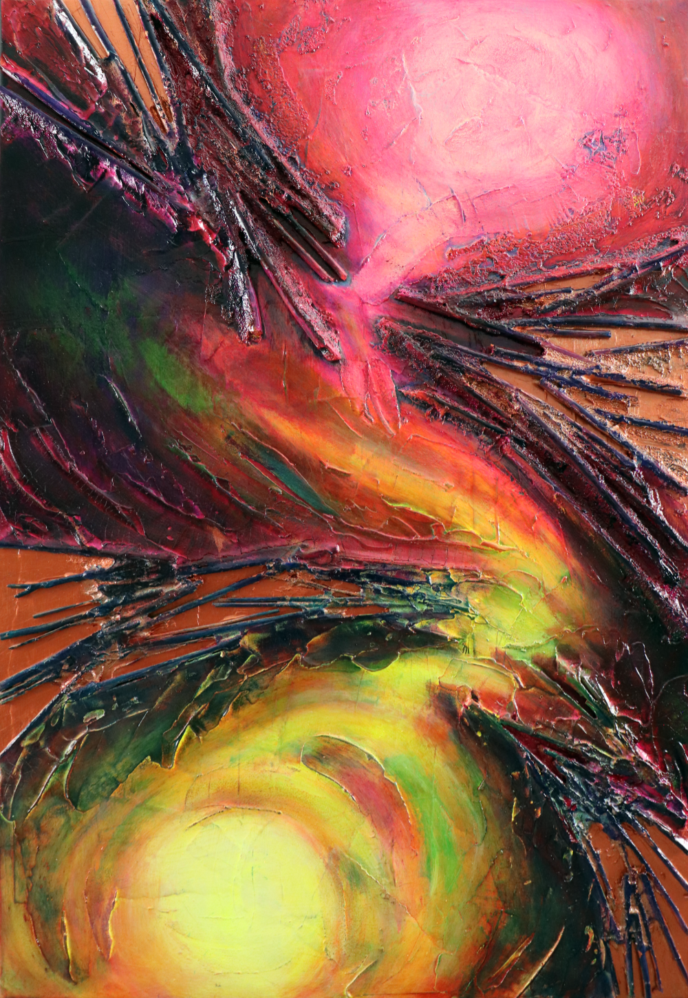 This image presents a contemporary abstract painting, characterized by a predominantly pink background and a circular shap...