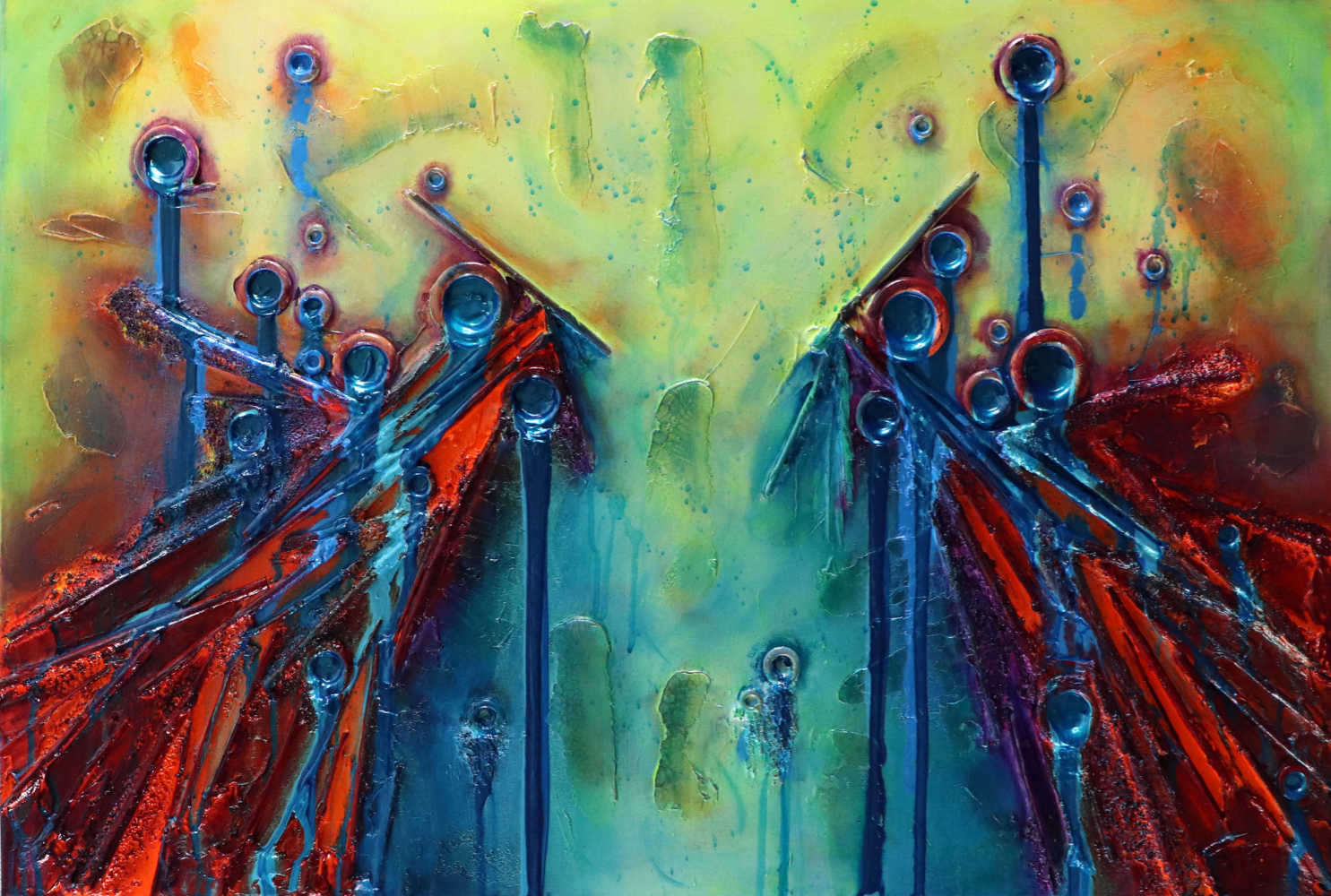 The painting features a predominantly yellow background, embellished with abstract shapes and colors and a textured surfac...