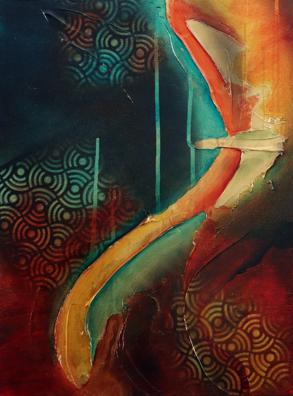 The image is an oil paint canvas art piece with golden, red, turquoise and other colors, featuring a prominently displayed...